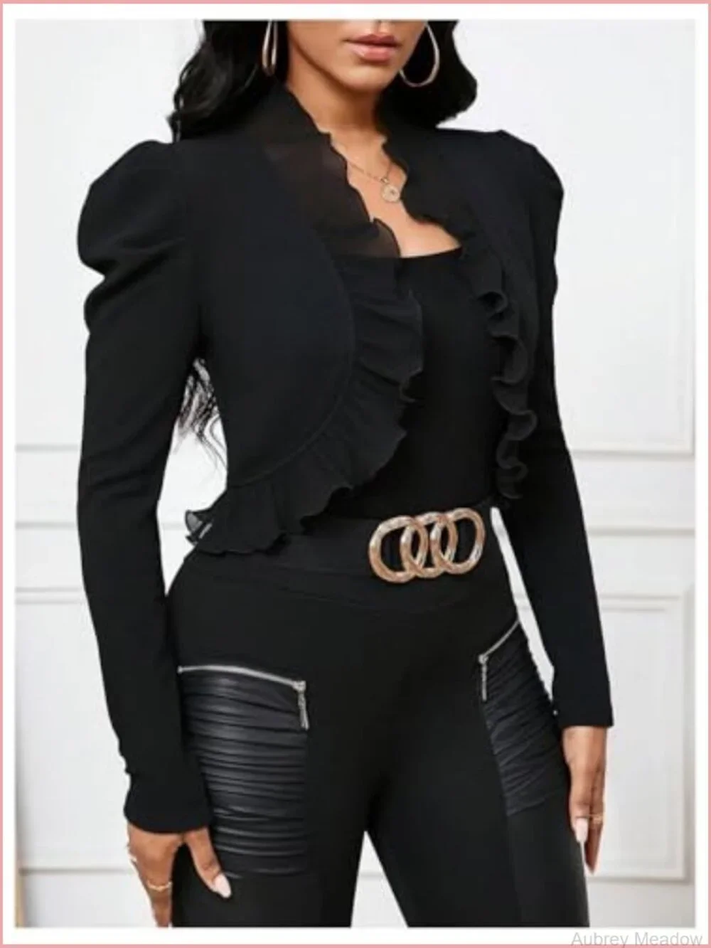 Ruffle Cropped Blazer Jacket Puff Long Sleeve Open Front Bolero